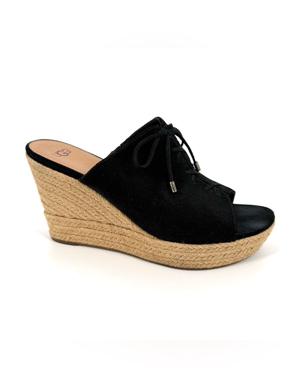 UGG Giorgia Wedge Sandals Womens Size 9.5 Black Suede Leather Espadrille